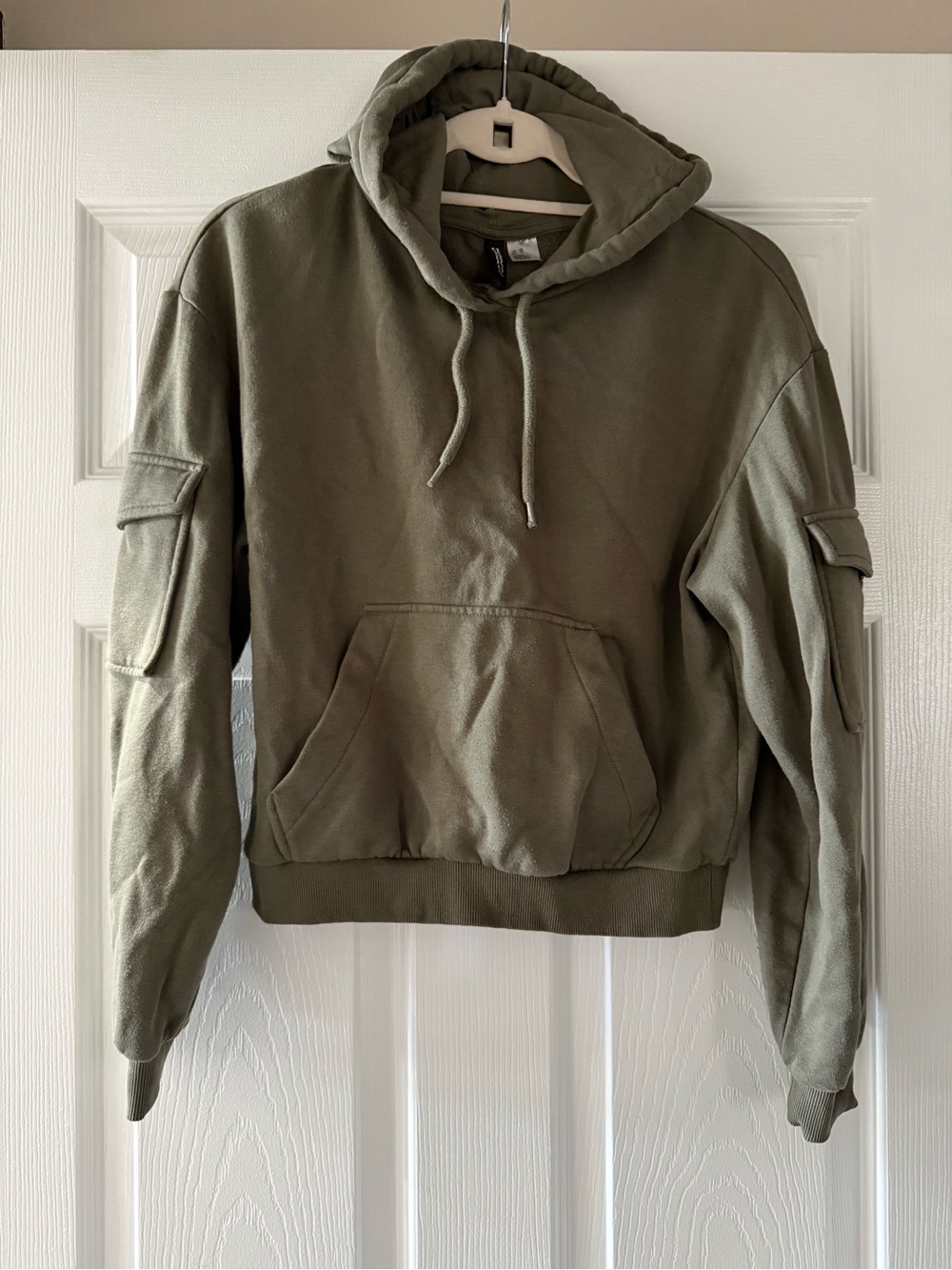 H&M Cotton Olive Crewneck Hoodie with Sleeve Pockets